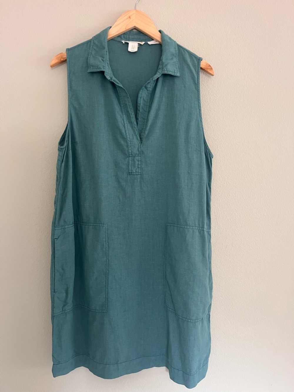 C&C California 100% Linen Shirt Dress Sleeveless Size 12 Teal Pockets Beach